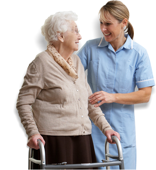 caregiver assisting an old woman