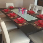 dining area with red dishes